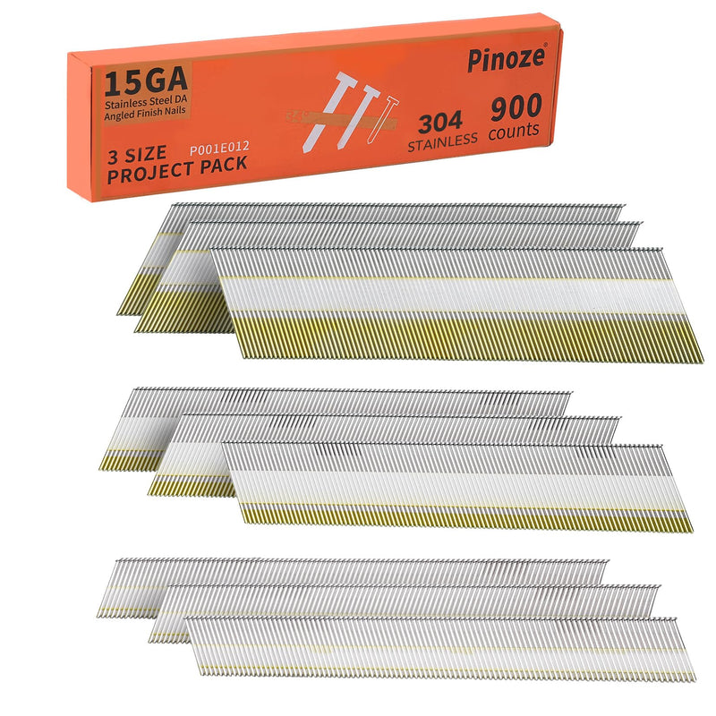 PINOZE 15 Gauge DA Stainless Steel Angled Finish Nails, 34-Degree, 900-Pack (2-1/2", 2", 1-1/4" 300 Per Sizes), Assorted Size Project Pack, for Pneumatic, Electric Angled Finish Nailer Gun