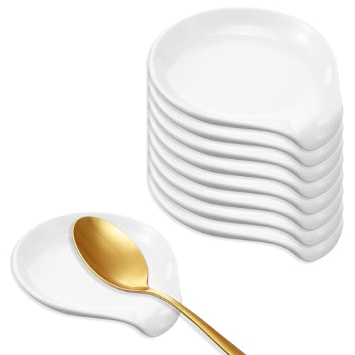 8 Pcs Ceramic Spoon Rest for Stove Top, White Porcelain Utensil Rest for Kitchen Counter, Kitchen Utensils Accessories, Dishwasher Safe, 3.94 x 3.54 Inches