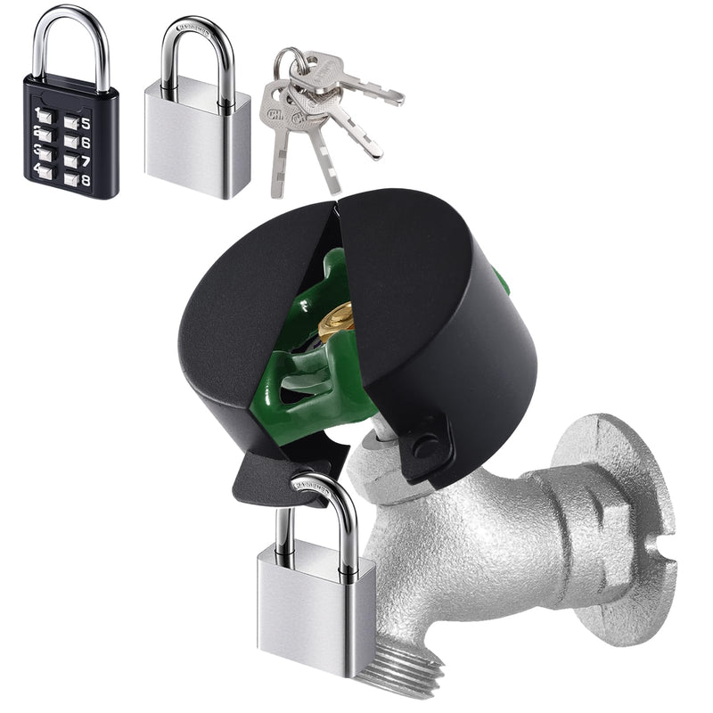 Tap Lock, Tap Set for Outdoor Use, Stainless Steel Cover for Outdoor Tap, Suitable for Garden, Room and Kitchen, Hose Lock (2 Padlocks), Black