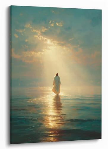Christian Wall Art 12x16 Framed Canvas Jesus Prints Walking On Water Jesus On Water 16"L x 12"W