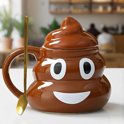 Funny Poop Coffee Mug with Spoon, Ceramic Coffee Cup with Lid and Handle, 600ML Unique Mug for Men, Women, Gifts, Tea, Office Daily Drinking and Friends(Style B)