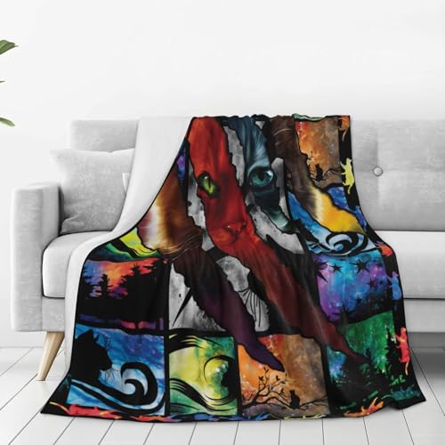 Cartoon cat throw blanket in warm flannel, 60x50 inches, featuring colorful cat illustrations on soft, cozy fabric.
