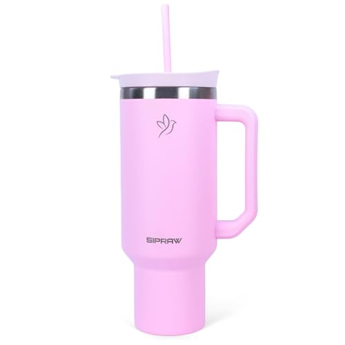 40oz Tumbler with Handle and Straw Insulated Stainless Steel Travel Mug Vacuum Double Wall Coffee Cup Leak Resistant Lid BPA-Free Cup Holder Friendly for Hot & Cold Drinks, Pink 40 Ounces