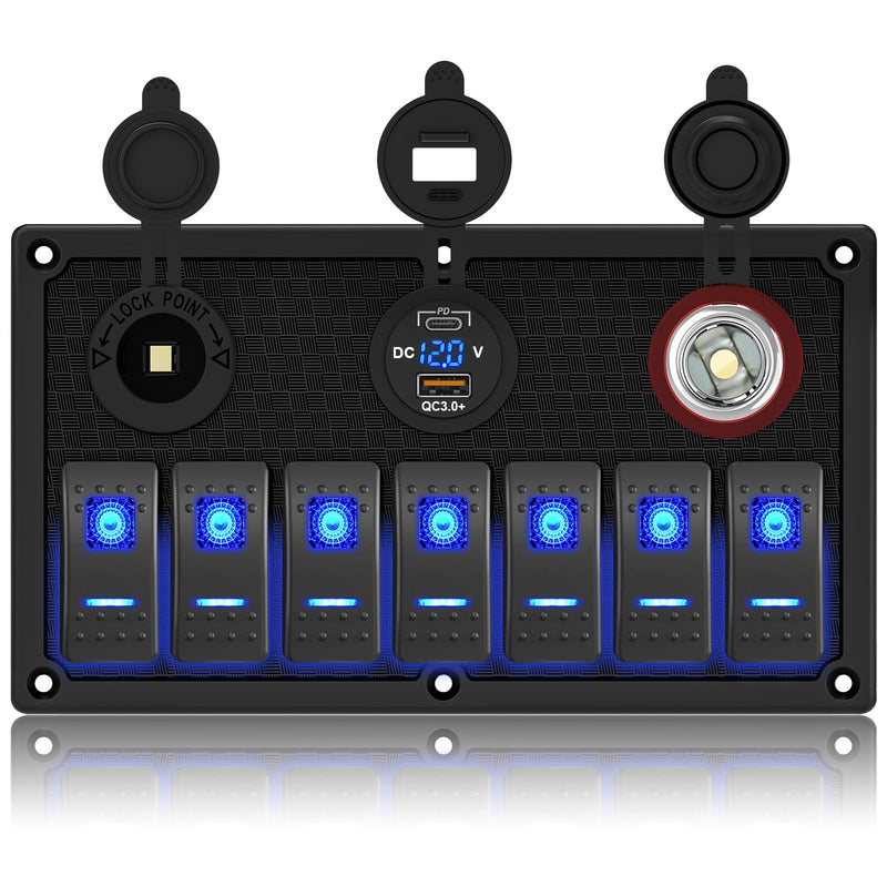 7 Gang Boat Switch Panel Waterproof, Marine Rocker Switch Panel 12-24V with Dual USB Charger and Fuse, Suitable for RV UTV Truck(On/Off Blue LED Plastic-LED blue 7 gang