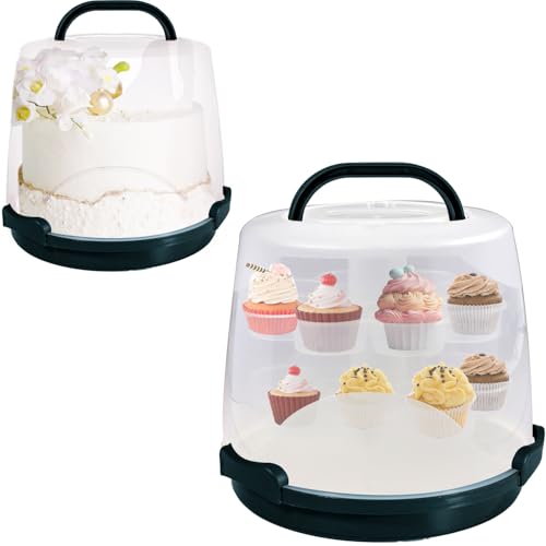 Cake Carrier Round Cake Stand Plus Height Cake Container with Cupcakes Pad, Handle, Lid Reusable Package Box for Transporting Desserts,Pie,Toast,Fruit (10" Black) 10" Black