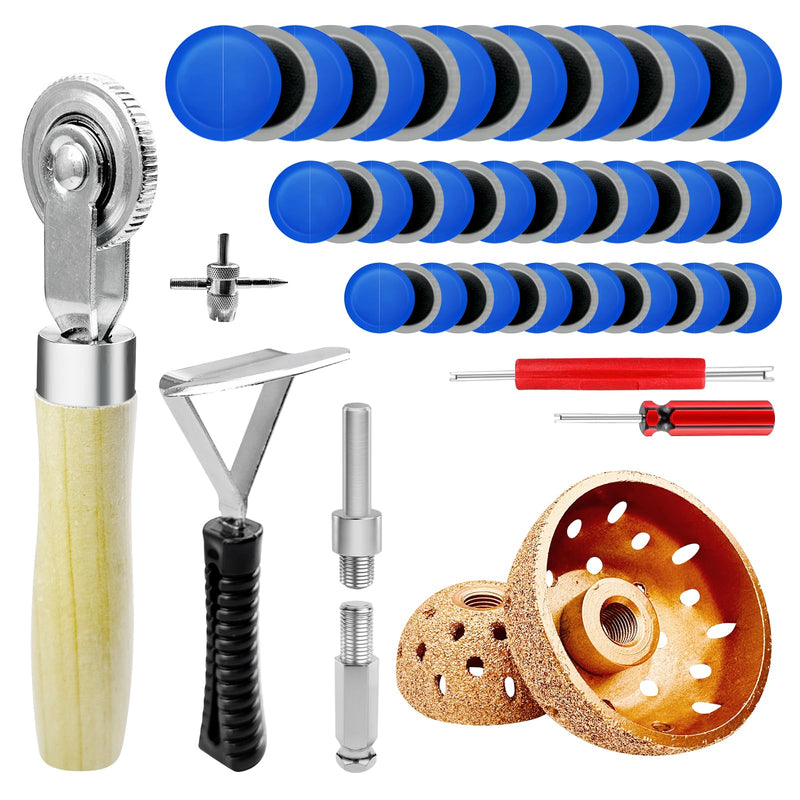 [Australia - AusPower] - 54Pcs Tire Patch Kit Heavy Duty, Tire Repair Tools 42 mm 55 mm Tungsten Steel Buffing Wheel with 32/42/58mm Tire Patches, Inner Liner Scraper, Tire Patch Roller for Car Grinding Polishing Accessories 
