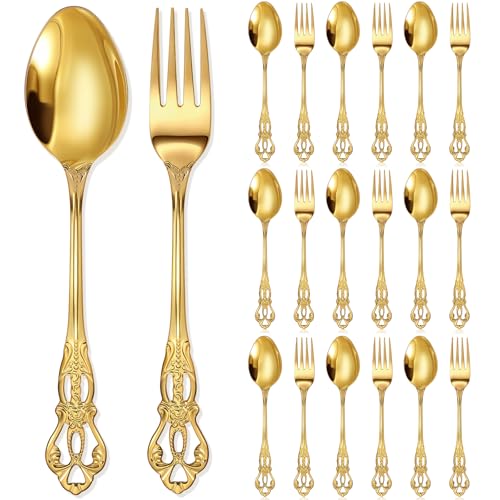 Dandat 20 Pcs Retro Gold Silverware Set Heavy Duty, Dinner Fork and Spoon