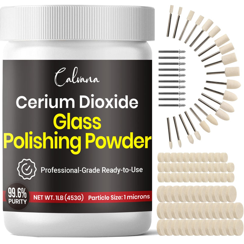 Calvana Cerium Oxide Glass Polishing Powder (1 lb) – Includes 100 PCS Polishing Buffing Wheels for Dremel Kit, Restores Clarity and Removes Wiper Marks, Swirls, and Water Spots, 1 Micron Polishing Powder + Polishing Buffing Wheels