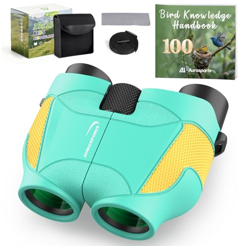 Aurosports 15x25 Compact Binoculars for Kids with Bird Guide Book, Green