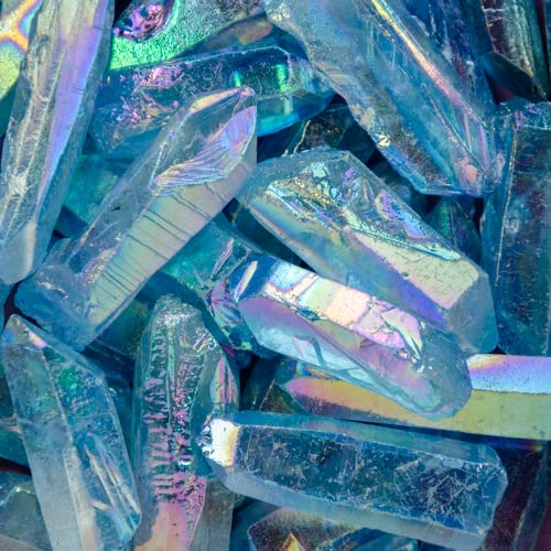 Pachamama Essentials Aqua Aura Point Quartz - Crystal Healing Stone, Reiki, Chakra Balancing, Home & Office Decor, Wiccan, Crafts, Classroom Use, Sacred Geometry (25-50mm) (3, Point) 3