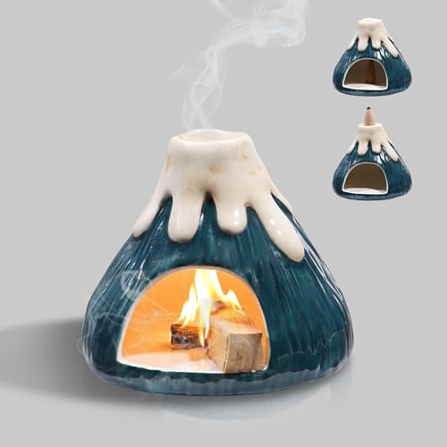 Potiera Small Volcano Incense Holder, Handmade Ceramic Palo Santo Holder for Meditation Spa Yoga Decor, Backflow and Cone Incense Burner for Home and Office Decor, Spiritual Gifts for Women Men Dark Green