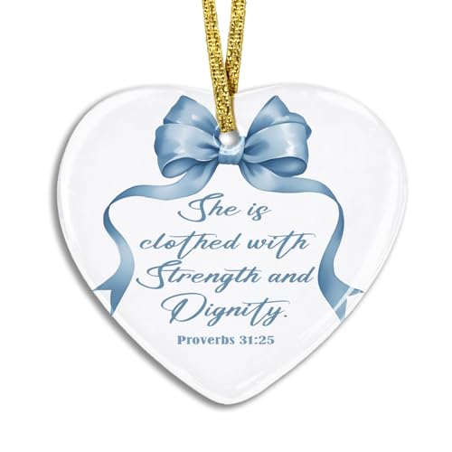 Blue Bow Christian Ornament, Christian Gifts for Women, Preppy Coquette Bow Bible Verse Heart Ornament Keepsake Sign, Religious Scripture Hanging Ornaments, 2.75x3 Inch 03-bow(01)
