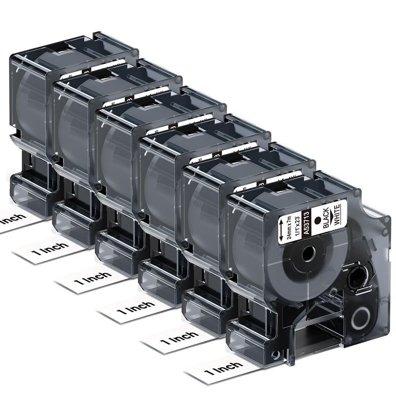 Colorty 6 Pack 53713 24mm Label Maker Tape Refills Compatible with DYMO D1 53713s 1 Inch Label Tape, Black on White A53713 1" x 23', for Dymo LabelManager 400 450Duo 450D 640 500TS PnP 1 In x 23 Ft