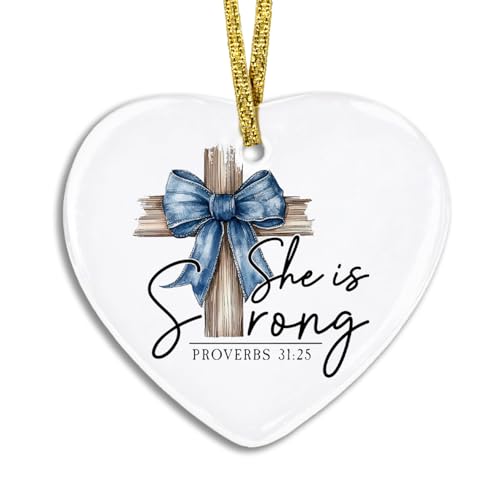 Christian Ornament, Christian Gifts for Women, Blue Bow Cross Bible Verse Heart Ornament Keepsake Sign, Proverbs 31 Woman Gifts, Religious Scripture Hanging Ornaments, 2.75x3 Inch 03-bow(02)