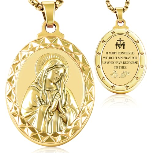 Virgin Mary Necklace, Catholic Religious Medal Pendant Bless Safety Gift for Men & Women Family Friends Gold