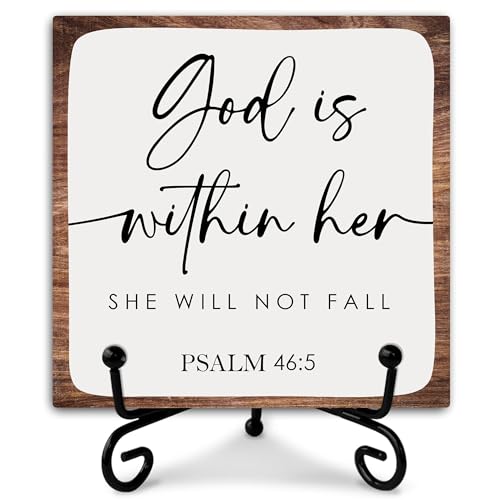 God Is Within Her She Will Not Fall Wooden Sign Decor, Psalm 46:5 Scripture Plaque, Rustic Wooden Plaque Sign With Iron Stand, Christian Home Office Restroom Desk Shelf Decorations