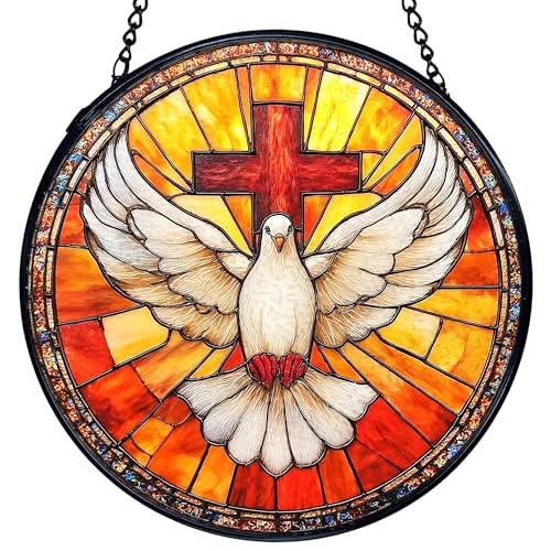 TNUW Christian Cross Bird Stained Glass Window Hanging, Cross Pigeon Bird Sun Catchers Indoor Window Glass Round Wall Art Decor, Religious Christian Wall Hanging Decorations, 7.9＂x7.9＂