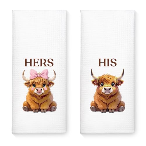 WUUCK00 2pcs Highland Cow Funny Kitchen Towel, Cute Cow Dish Tea Hand Kitchen Towel for Animal Lover Wife Husband, Christmas Housewarming Gifts for Neighbor, Country Farmhouse Home Decor for Family White5