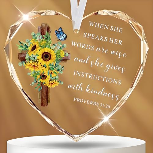 Glass Christian Jesus Gift for Women Men Glass Hearts Ornament Religious Inspirational Gifts with Bible Verse and Prayers Sunflower Cross for Friends Mom Wife 31:26