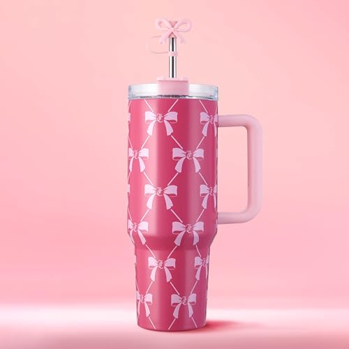 Juicy Couture Jetsetter 40oz Tumbler with Handle and Straw Topper, Pink Bows Pink Bow Trellis 40 Ounces