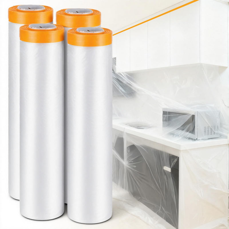 4 Rolls Painters Plastic With Tape, Pre-Taped Masking Film, Automotive Best Tape and Drape, Paint Adhesive Protective Film Roll for Covering Skirting, Frames, Cars and Auto Body (6.6 X 59-Feet)