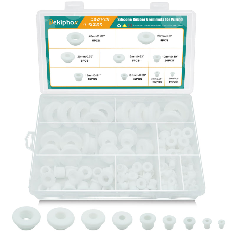 [Australia - AusPower] - 130PCS Silicone Rubber Grommets for Wiring, White Top Hat Rubber Grommet Assortment Kit, 9 Sizes Round Hole Rubber Wire Grommets for Automotive, Vinyl Tubing in Hydroponic and Irrigation Systems 