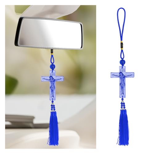 Jesus Crucifix Cross Car Rear View Mirror Charm, Religious INRI Cross Pendant Car Rearview Mirror Hanging Decoration, Auto Interior Ornament with Tassel for Men Women (Blue) Blue