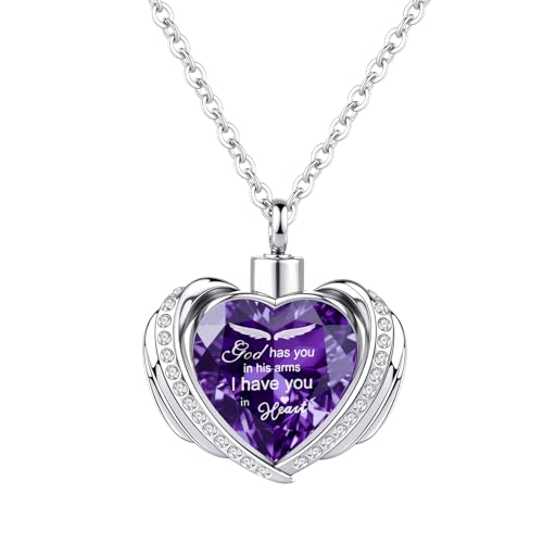 Cremation Jewelry Angel Wing Heart Urn Pendant Necklaces for Women Crystal Heart Urn Necklace with Mini Keepsake Urn Memorial Ash Jewelry
