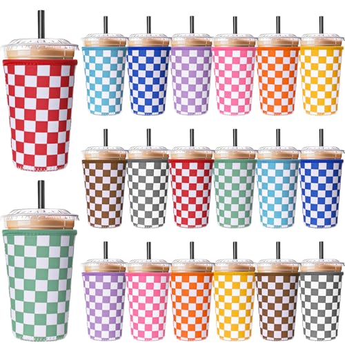 Irenare 20 Pcs Checkerboard Reusable Iced Coffee Sleeve Neoprene Insulator Cup Sleeve for Cold Beverages Cups Neoprene Holder for Cold and Hot Drinks Fits Coffee Cups 22-24oz, Medium Checkered
