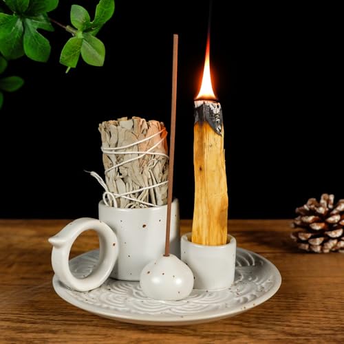 5 in 1 Ceramic Palo Santo Burner Holder for Sage, Incense Sticks & Candle White Palo Incense Dish