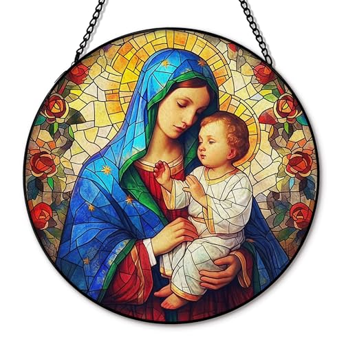 Virgin Mary Suncatcher Stained Glass Window Hanging, Religious Sun Catchers Indoor Window Glass Round Wall Decor, Spiritual Wall Art Hanging Decorations, 7.8＂x7.8＂ Virgin Mary