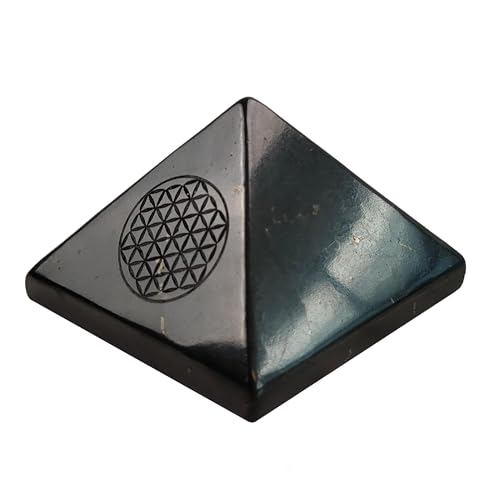 Authentic Shungite Stone Polished Pyramid 2" with Flower of Life Engraving Symbol | Raw Shungite Figurine Home Protection Room Decor Office Desk Decor Black Pyramid (Flower of Life)