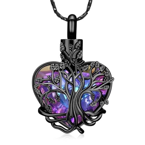Imrsanl Tree of Life Heart Urn Necklace Cremation Jewelry for Women Black-Purple