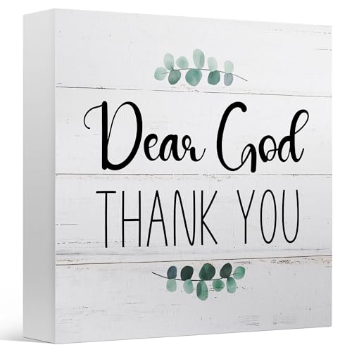 Religious Jesus Desk Decor for Living Room Shelf Table, Dear God Thank You, Wooden Sign 5x5 Inches Crimson