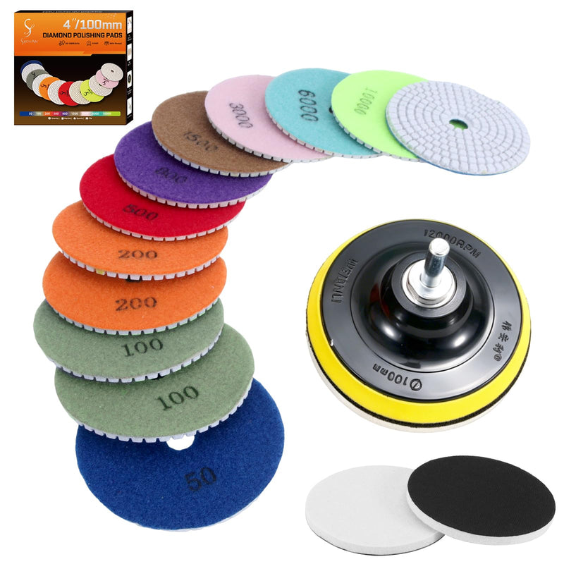 Diamond grinding wheel wet 100 mm, 16 pieces polishing set for granite, marble | Concrete & Stone, Diamond Sanding Pads for Angle Grinders, Grit 50-10000