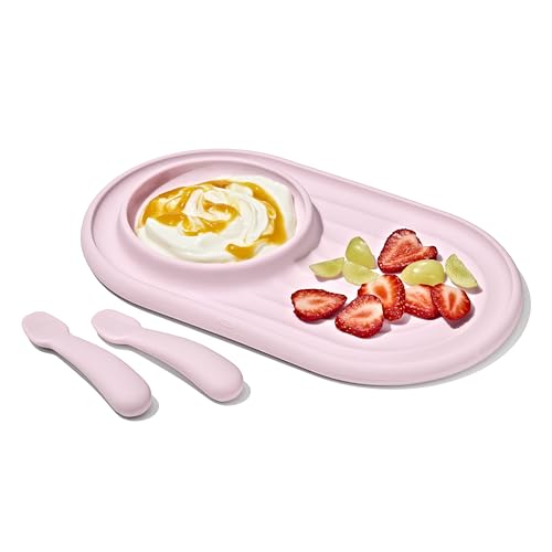 OXO Tot Textured Suction Plate & Spoons Set, Baby Led Weaning Supplies - Opal Blossom