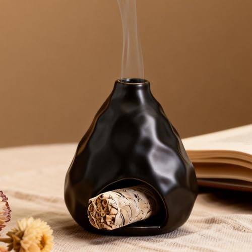Palo Santo Sticks Holder Ceramic Incense Burner Holder Smudge Bowl for Sage Incense Cone Yoga Spiritual Meditation Room Home Decor Gift Mini Chiminea Ash Catcher Black