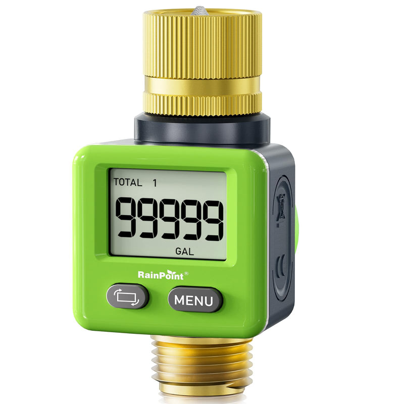 [Australia - AusPower] - RAINPOINT Water Flow Meter, ±5% Accuracy, Pure Brass Inlet & Outlet Water Meter, 180° Screen-Flip, 4 Measure Modes for Outdoor Garden Hose, Lawn Sprinkler Watering, RV Water Tank Filling, Green 