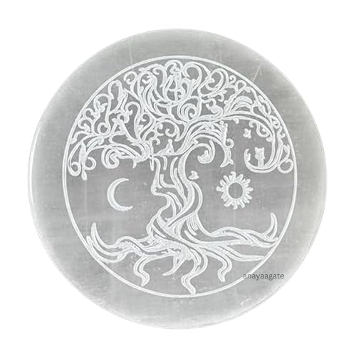 Selenite Crystal Charging Plate - Engraved Tree of Life Healing Stones Coaster - 3" Round Disc for Home and Office Table Decor - Crystals and Healing Stones 3 Inch