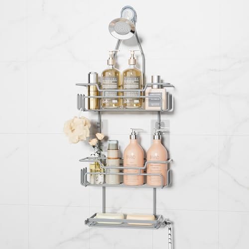 SWTYMIKI Bathroom Shower Caddy Hanging - 3 Tier Rustproof Over Shower Head Organizer, No Drilling Bathroom Shelf with 16 Hooks & Soap Holder, Anti-Swing Rack for Shampoo,Sponge,Towel, Silver, Medium Silver-3 Tier-Medium