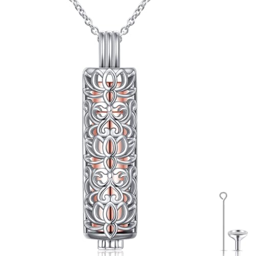 Silver Lotus Cylinder Urn Necklace Cremation Ashes Memorial Pendant Jewelry