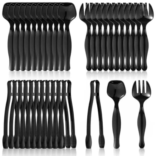 48 Pcs Black Plastic Serving Utensils Set 9'' Disposable Serving Utensils Spoons Forks Tongs for Serving Food Party Utensils Supplies for Buffet Banquets Weddings Restaurant Dinner Salad