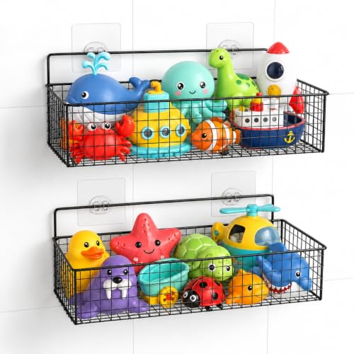 2 Pack Bath Toy Storage Organizer, Large Rustproof Metal Mesh Baskets for Bathtub & Shower, Hanging Bathroom Toy Holder and Shower Caddy for Baby, Toddler & Kids, Black