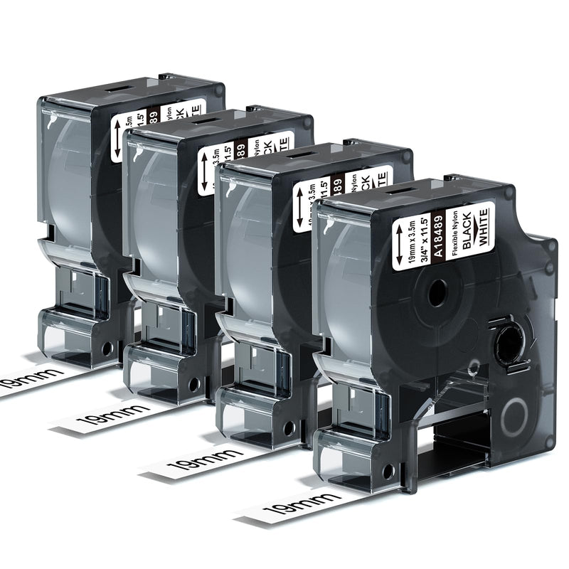 [Australia - AusPower] - Rhino Label Tape 3/4'' Replace for DYMO 18489 Industrial Flexible Nylon 19mm A18489 for DYMO Rhino 4200, 5200, 5000, 6000 Label Makers, 3/4'' x 11.5', 4-Pack, Black on White 