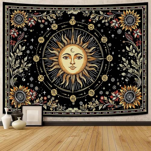 Lunerfex Celestial Sun Tapestry - Zodiac Wheel Wall Hanging for Bedroom and Living Room - Boho Spiritual Decor Tapestries 80"x60" 80"L x 60"W Light Yellow