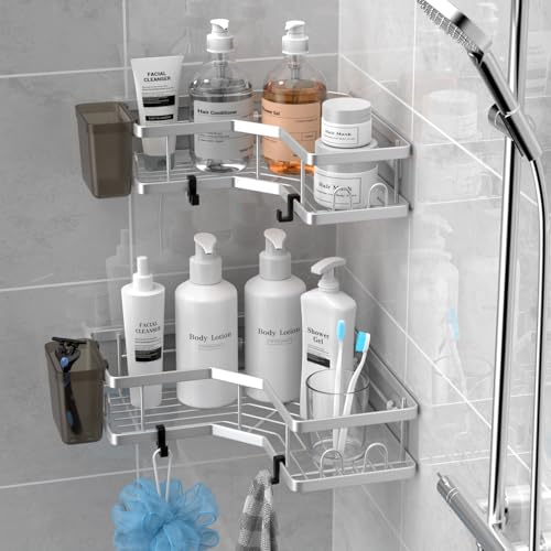 AKTECKE Corner Shower Caddy Shelf Rack: 2 Pack Adhesive Shower Organizer Essentials - No Drilling Stainless Steel Bathroom Storage Rack with Hooks and Toothpaste Holder bright silver 9.6"×9.6"×2.6"