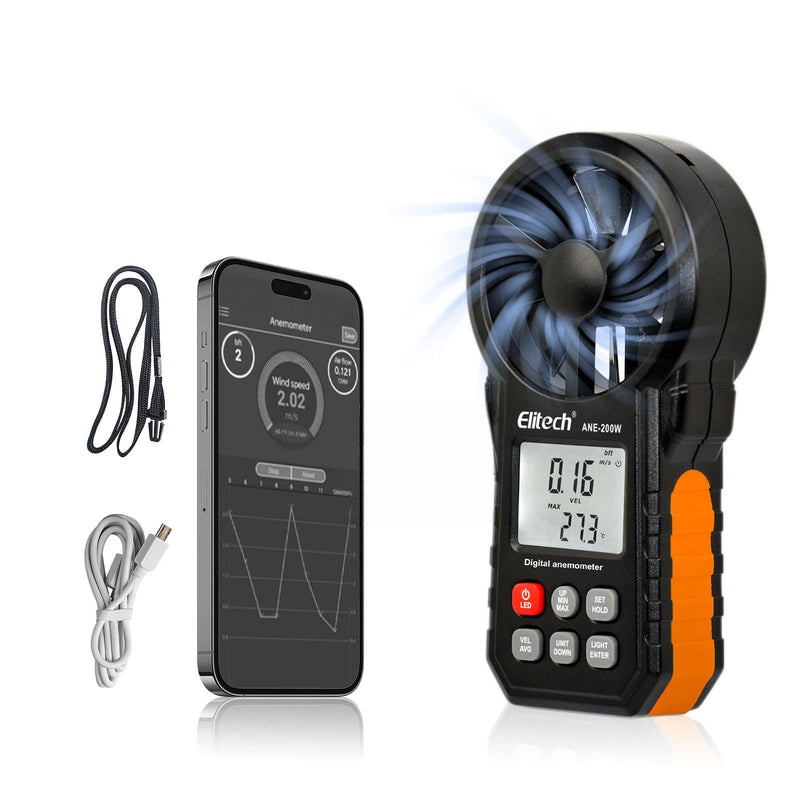 Elitech Bluetooth Wind Gauge, Digital Anemometer Wind Speed Measurement Temperature, CFM/CMM Air Flow Measurement for HVAC & Environmental Testing ANE-200W
