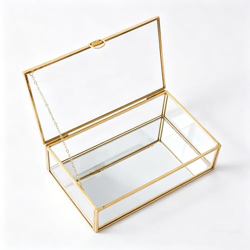 Feyarl Gold Glass Jewelry Box Clear Keepsake Photo Display Box Trinket Ring Earrings Organizer Display Case Holder for Dresser Home Decor Dresser Wedding (8 x 4.3 x 2.2 inch) 8 x 4.3 x 2.2 inch