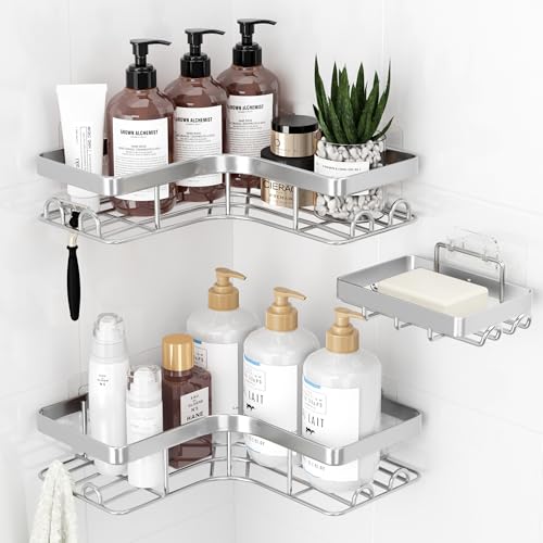 Large Sakugi Corner Shower Caddy 3-pack with soap holder and hooks, silver finish, ideal for organized bathroom storage