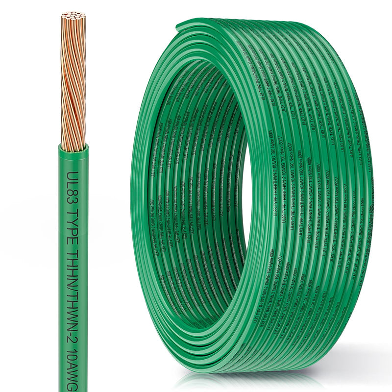 THHN Wire 10 Gauge 50FT, UL83 THHN/THWN-2 10 AWG Cable Stranded Copper with Nylon Jacket and PVC Insulation Building Wires for Residential, Ground, CNC, Panel Wiring, Circuit, Control(600V, Green)